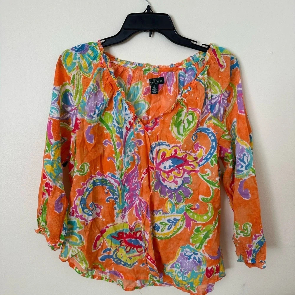 Ralph Lauren Orange Floral Long Sleeve Women's Blouse Size S